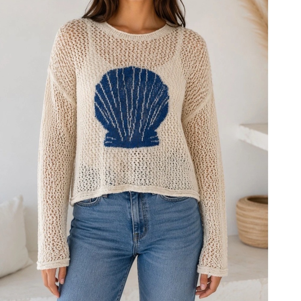 A New Day Open Knit Sweater Womens L Cream Seashell Crochet Cropped Coastal
